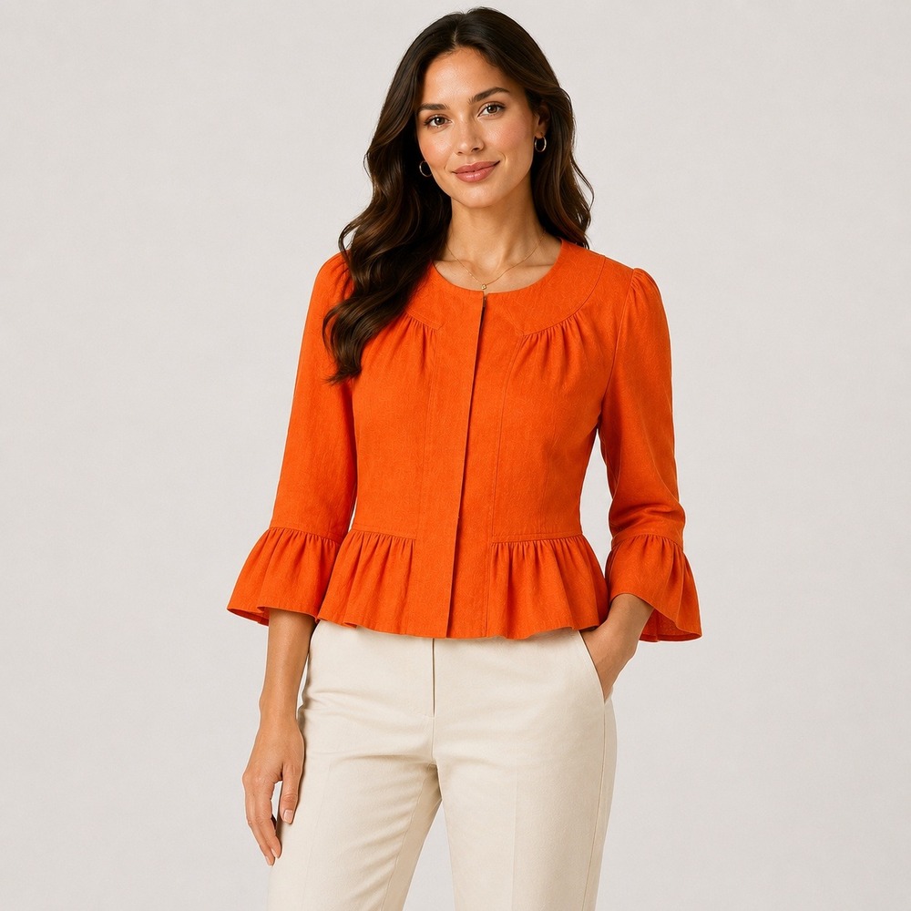 Harold's Orange Linen Blend Peplum Blazer Bell Sleeve Jacket 4
